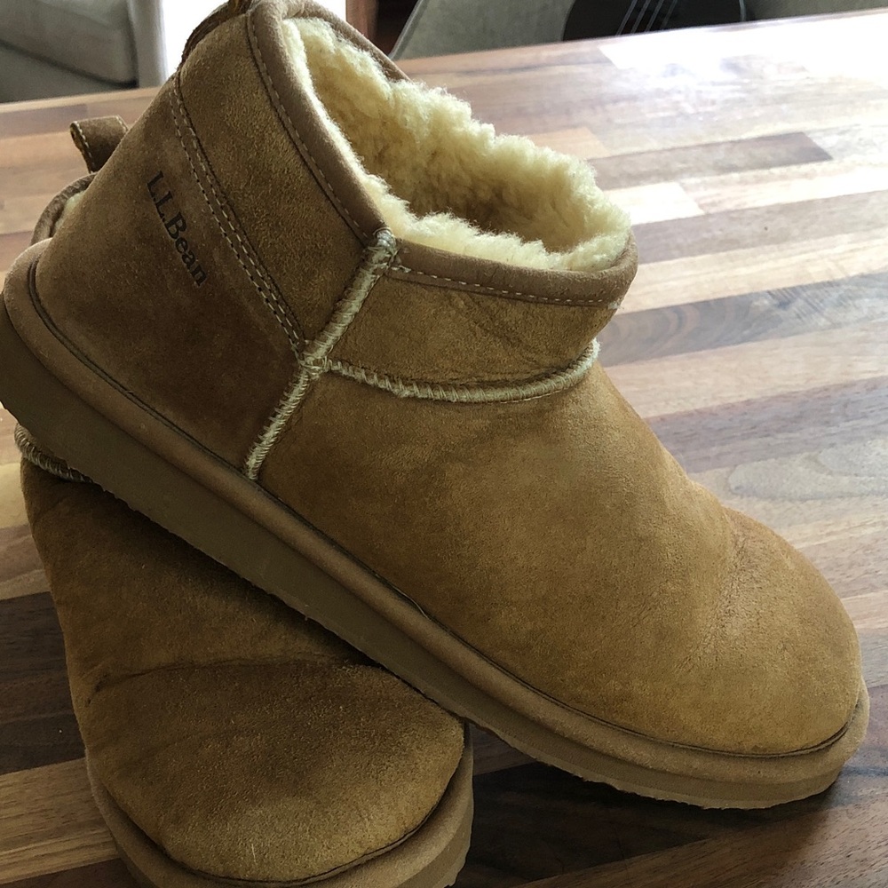 L.L. Bean Womens Suede Shearling Slip-On Boots - Chestnut